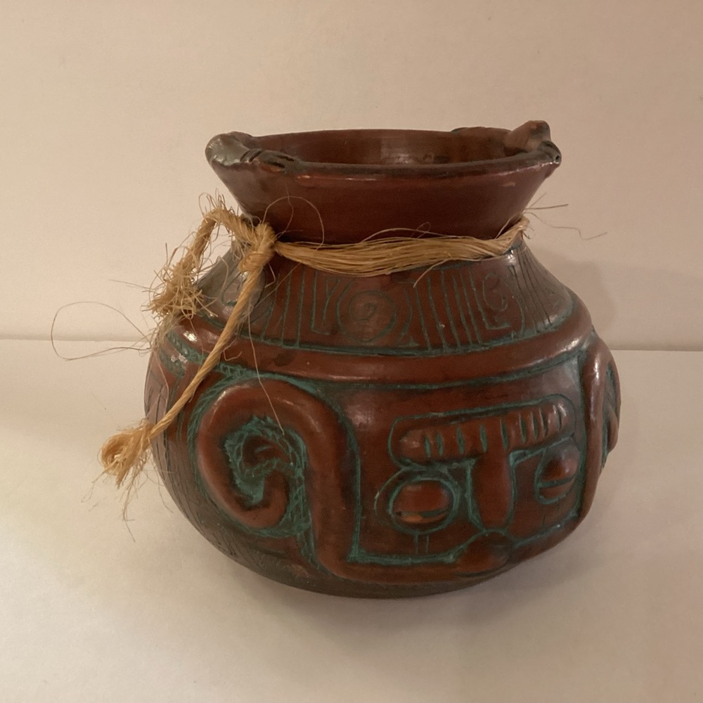 Handcrafted Terracotta Vase with Teal Accents, Southwest design.